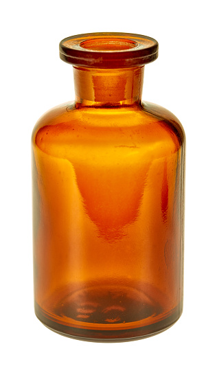 Small pharmacy bottle against a white background.