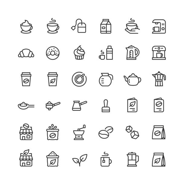 Coffee and Tea Line Icons Editable Stroke Set of coffee and tea line vector icons. Editable stroke. cezve stock illustrations