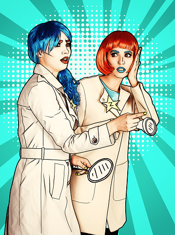 Portrait of young women in comic pop art make-up style. Females in red and blue wigs and dresses are reading letter on yellow - orange cartoon background