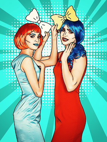 Portrait of young women in comic pop art make-up style. Female detectives investigate a crime on yellow - orange cartoon background