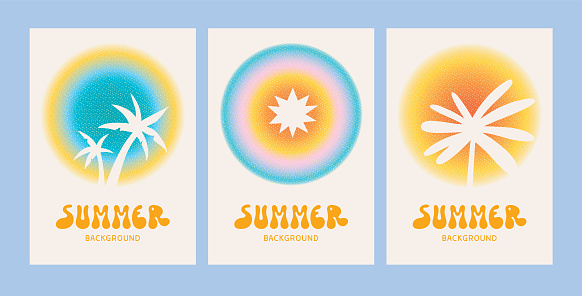 Sunny gradient templates set with copy space and textured grainy effect. Editable vectors on layers.