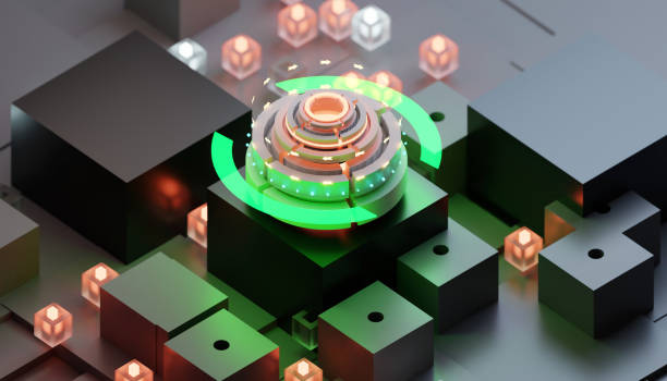 istock Electronic circuit board close up, computer chip, mother board with neon lights, 3D rendering illustration. 1395923388