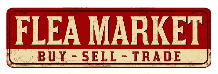 Flea market vintage rusty metal sign on white background, vector illustration