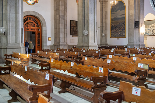 Benches with distance markings in Basilica de Nuestra Senora de Candelaria or The Basilica of the Royal Marian Shrine was built in 1959 in a primary neoclassical style and is located in city Candelaria on the east coast of the Spanish Canary Island Tenerife