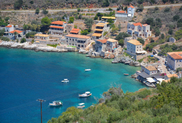the resort village of limeni in the peloponnese in greece - mani peninsula imagens e fotografias de stock