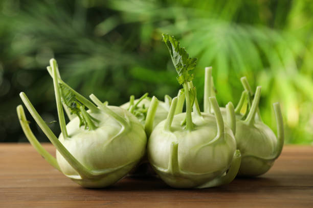 plantas enteras de kohlrabi maduras sobre mesa de madera - kohlrabi turnip kohlrabies cabbage fotografías e imágenes de stock