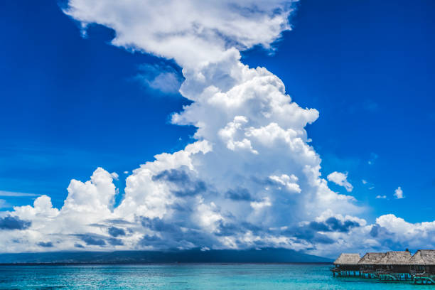 Pier High Rain Storm Coming Thunderhead Cloudscape Flag Tahiti Island Distance Water Moorea Tahiti French Polynesia.