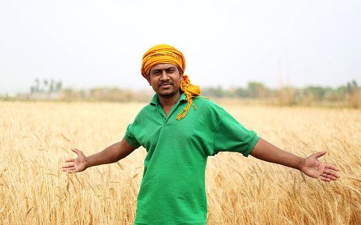 Cheerful farmer of Indian ethnicity standing portrait in the field during springtime.