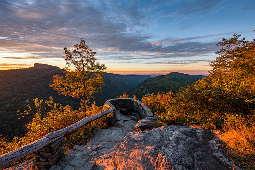 Fall foliage and morning skies over the Linville Gorge Wilderness in the Blue Ridge mountains of Western North Carolina