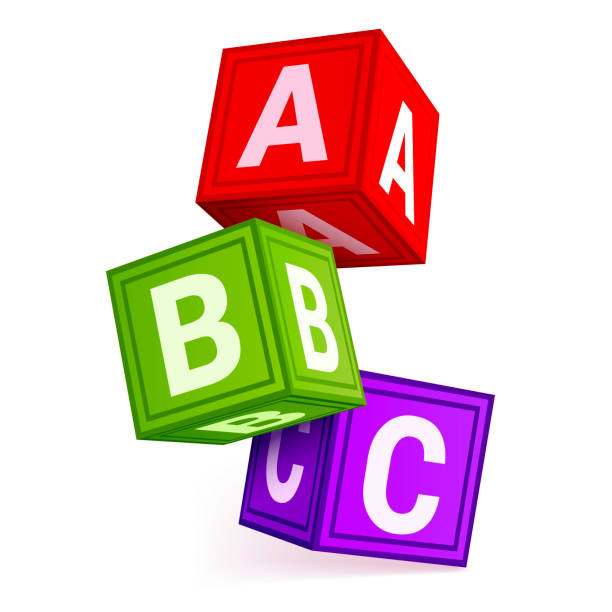 illustrations, cliparts, dessins animés et icônes de cubes enfantins lumineux jouets lettres vecteur isométrique illustration élémentaire éducation abc bloc abc - alphabet text wood white background