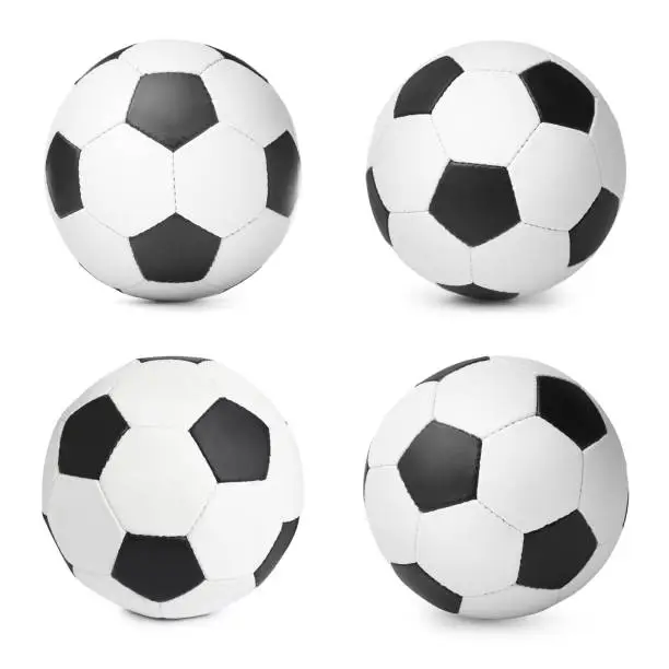 Photo of Set with soccer balls on white background. Football equipment