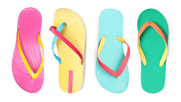 istock Set with different colorful flip flops on white background, top view 1395932715