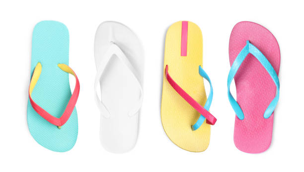 istock Set with different colorful flip flops on white background, top view 1395932744
