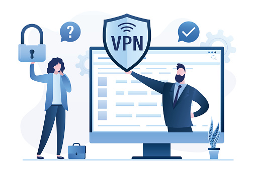 Businessman holds VPN software or plugin. Woman user searching app for secure internet connection, data encryption. Security protocol. Virtual Private Network. Female hold padlock. Vector illustration