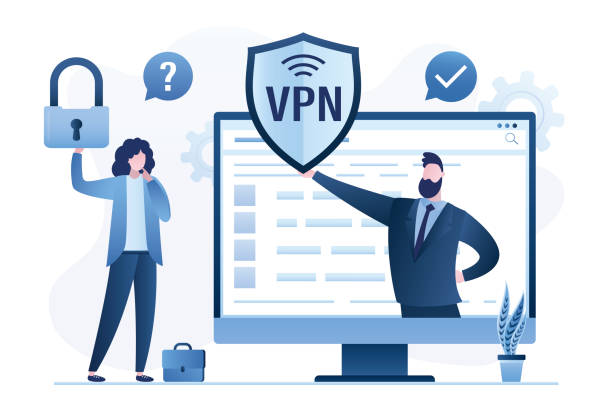 Businessman holds VPN software or plugin. Woman user searching app for secure internet connection, data encryption. Security protocol. Virtual Private Network. Female hold padlock. Businessman holds VPN software or plugin. Woman user searching app for secure internet connection, data encryption. Security protocol. Virtual Private Network. Female hold padlock. Vector illustration vpn stock illustrations