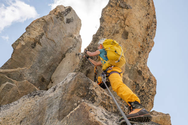 istock Low angle view of female climbing reaching mountain peak 1395933634