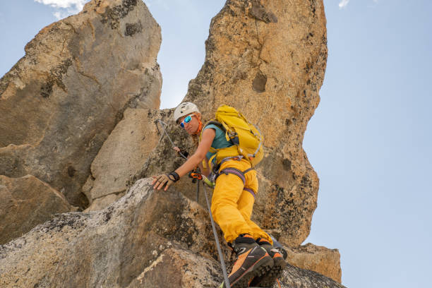 istock Low angle view of female climbing reaching mountain peak 1395933915