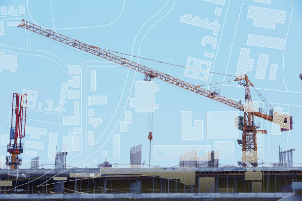 istock Double exposure of cadastral map and construction site 1395936112