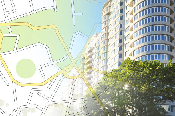 istock Double exposure of cadastral map and building 1395936189