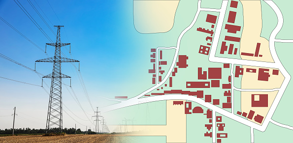 Cadastral map and high voltage towers with electricity transmission power lines in field