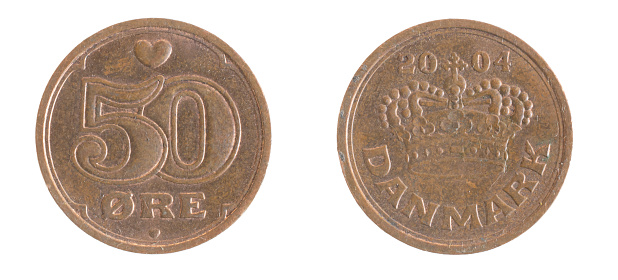 Denmark fifty ore coin on a white isolated background