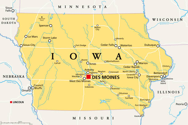 illustrazioni stock, clip art, cartoni animati e icone di tendenza di iowa, ia, mappa politica, stato degli stati uniti, soprannominato the hawkeye state - iowa map