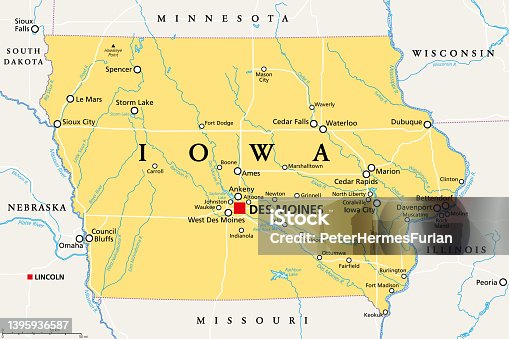 istock Iowa, IA, political map, US state, nicknamed The Hawkeye State 1395936587