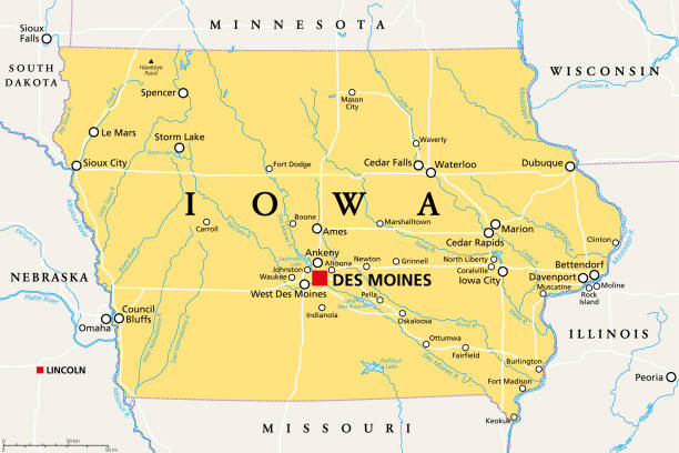Iowa, IA, political map, US state, nicknamed The Hawkeye State Iowa, IA, political map, with the capital Des Moines and most important cities, rivers and lakes. State in the Midwestern region of the United States of America, nicknamed The Hawkeye State. Vector. davenport iowa stock illustrations