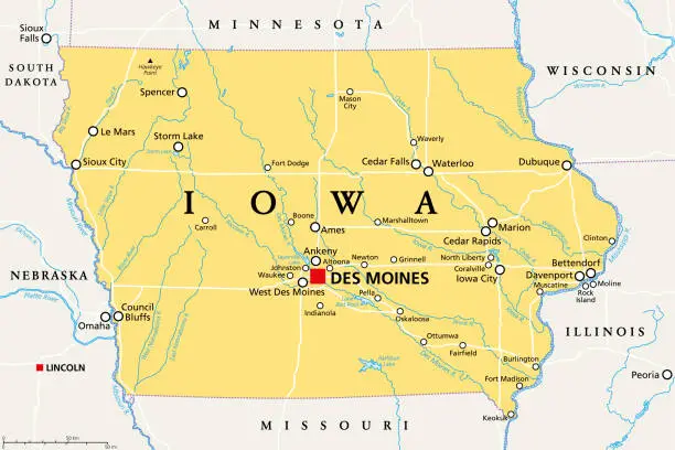 Vector illustration of Iowa, IA, political map, US state, nicknamed The Hawkeye State