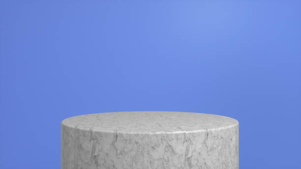 istock Marble glossy podium, pedestal on blue background. Blank showcase mockup with empty round stage. Abstract geometry background. Stage for advertising product display with copy space. 3d render 1395937616
