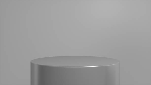 istock Chrome glossy podium, pedestal on grey background. Blank showcase mockup with empty round stage. Abstract geometry background. Stage for advertising product display with copy space. 3d render 1395937647