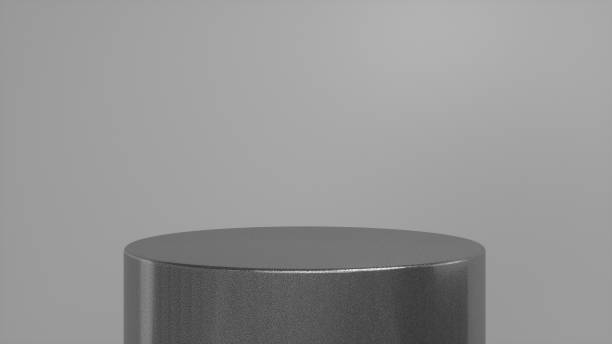 istock Chrome glossy podium, pedestal on grey background. Blank showcase mockup with empty round stage. Abstract geometry background. Stage for advertising product display with copy space. 3d render 1395937682