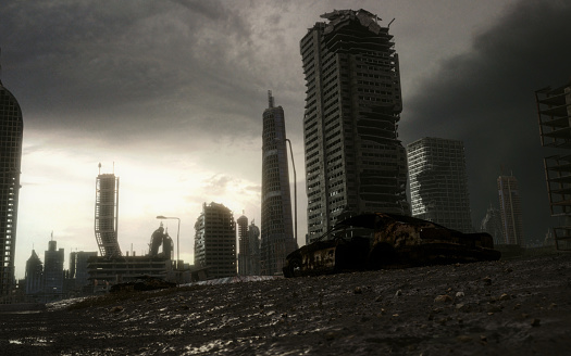 Digitally generated post apocalyptic scene depicting the consequence of a nuclear holocaust, showing a desolate urban landscape with tall buildings in ruins and mostly cloudy sky. \n\nThe scene was created in Autodesk® 3ds Max 2022 with V-Ray 5 and rendered with photorealistic shaders and lighting in Chaos® Vantage with some post-production added.