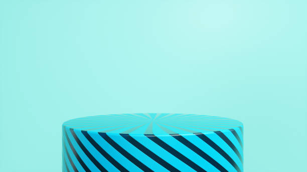 istock Blue striped glossy podium, pedestal on blue background. Blank showcase mockup with empty round stage. Abstract geometry background. Stage for advertising product display with copy space. 3d render 1395937857