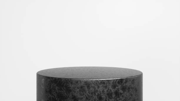 istock Rough black glossy podium, pedestal on white background. Blank showcase mockup with empty round stage. Abstract geometry background. Stage for advertising product display with copy space. 3d render 1395937876