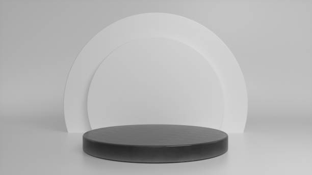 istock Black glossy podium, pedestal on grey background. Blank showcase mockup with empty round stage. Abstract geometry background. Stage for advertising product display with copy space. 3d render 1395938036