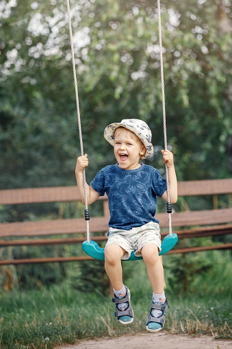 One cute little boy having fun on a swing in beautiful summer garden on warm and sunny day outdoors. Active summer leisure for kids.