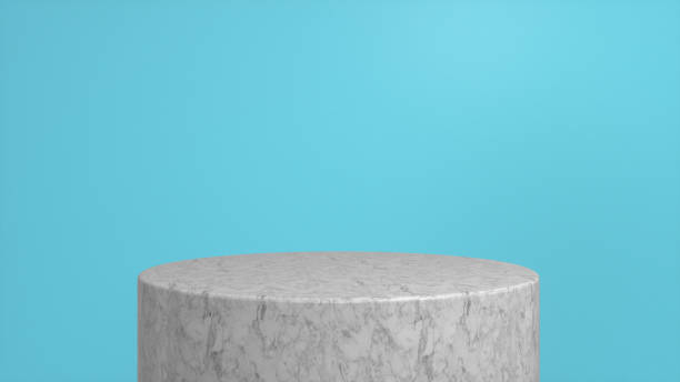 istock Marble glossy podium, pedestal on blue background. Blank showcase mockup with empty round stage. Abstract geometry background. Stage for advertising product display with copy space. 3d render 1395938713