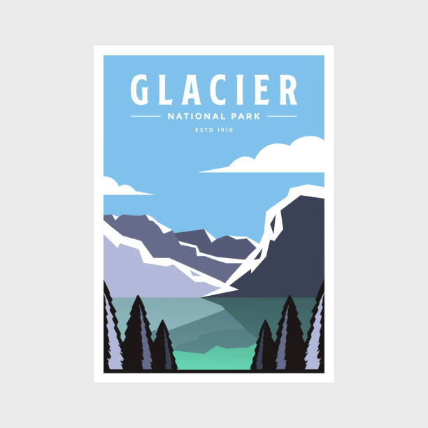 illustrations, cliparts, dessins animés et icônes de conception de l’illustration vectorielle de l’affiche du parc national des glaciers - us glacier national park