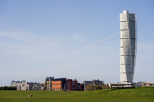 Malmo, Sweden - May 7, 2022: Turning Torso skyscraper is the tallest building in Scandinavia with 190 metres and the most recognizable landmark for Malmo.