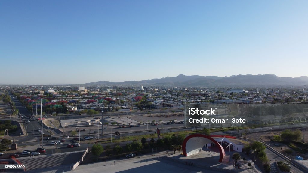View of Ciudad Juarez from a drone view of ciudad juarez from a drone in the afternoon taken from the plaza de la mexicanidad Ciudad Juarez Stock Photo