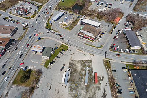 Aerial view of an intersection in a retail/industrial area.