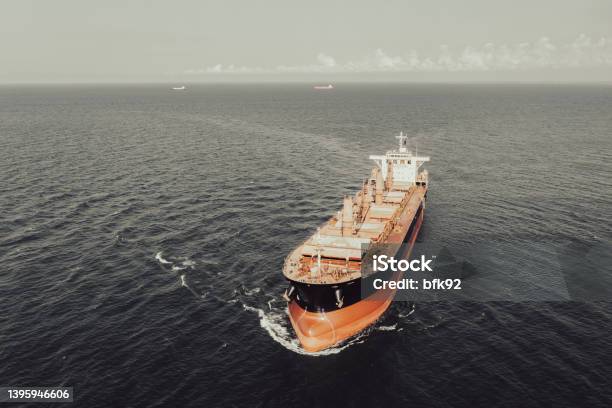 Aerial View Of Cargo Ship In Transit Stock Photo - Download Image Now - Ship, Cereal Plant, Coal Mine