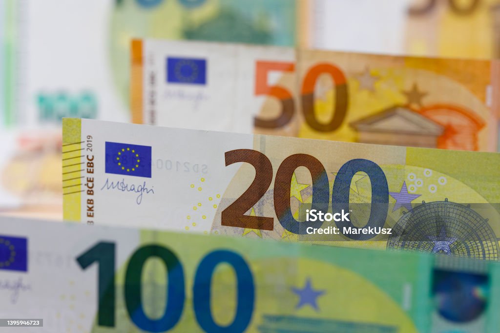 European Union banknotes, EUR financial background European Union banknotes placed next to each other. Euro banknotes are not made of paper, but of pure cotton fiber to improve their durability. EUR currency. European Union Currency Stock Photo