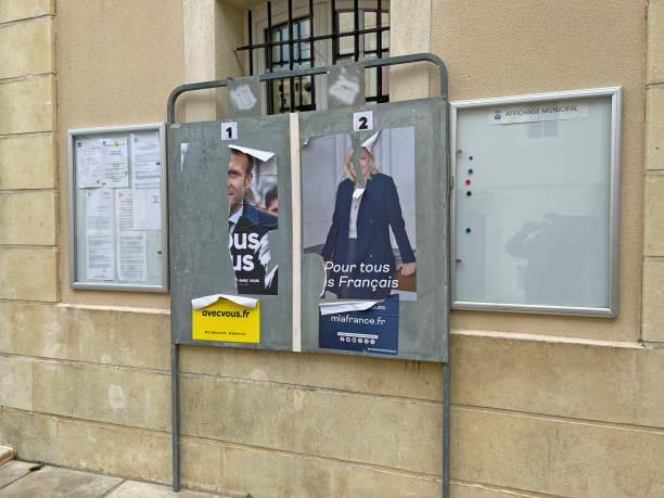 Torn France presidential election posters (2022) stock photo
