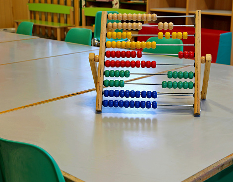 classroom of kindergarten and an old wooden abacus on the table