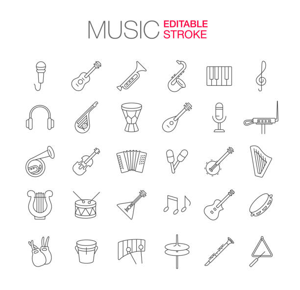 symbole für musikinstrumente set bearbeitbarer strich - rhythmusinstrument stock-grafiken, -clipart, -cartoons und -symbole