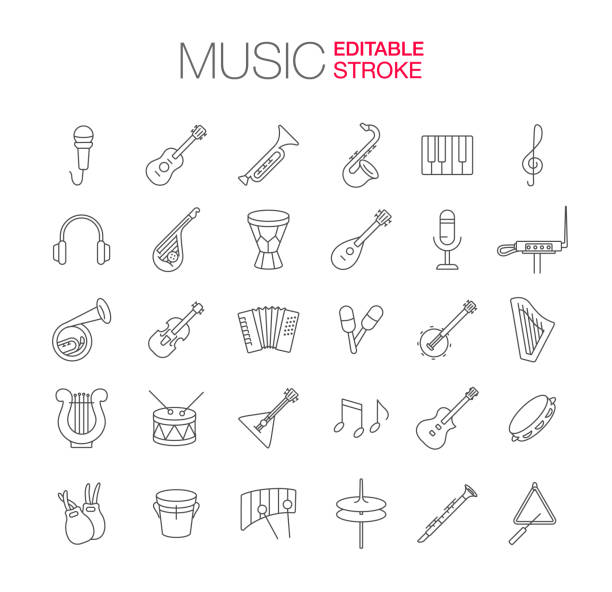 illustrations, cliparts, dessins animés et icônes de icônes d’instruments de musique définir le trait modifiable - flute musical instrument music key