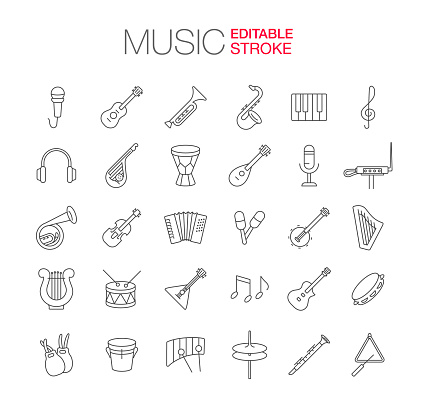 Musical Instruments Icons Set. Editable Stroke. Vector illustration.