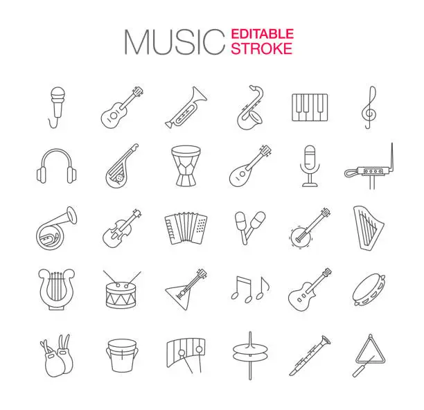 Vector illustration of Musical Instruments Icons Set Editable Stroke